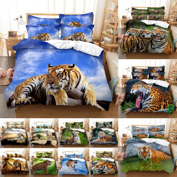 Tiger Duvet Capa Conjunto King Tamanho 230x260 Cama de casal Rainha única Caixa de colcha de animais cheia de linho 3D Pounhas de cama dupla
