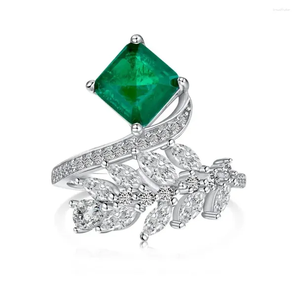 Clusterringe Karlochs S925 Sterling Silber Ring für Frauen mit Blättern, umgeben von Emerald Main Stone Fashion Hochzeit Schmuck