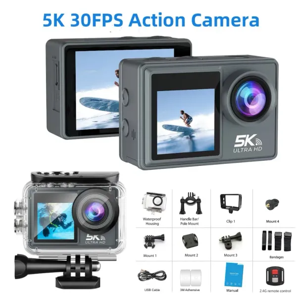 Kamera Su Geçirmez Bisiklet Dalış Cam HD 5K 30FPS Action Kamera Çift IPS Ekran Açık Video Kamera Uzaktan Kumanda Zamanlı Fotoğraf SD 128GB