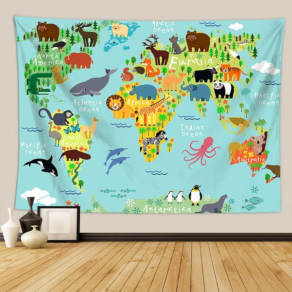 Animais mapa mundial parede de tapeçaria pendurada em garotas grandes marcos educacionais mapa mundial mapa de tapeçaria jardim de infância decoração de quarto infantil