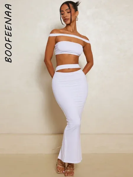 Рабочие платья Boofeenaa Sexy 2pcs Set Women Matching Stecting Spead Plouds Crop Top и длинная юбка Белая черная платья для вечеринки Club C95-CZ28