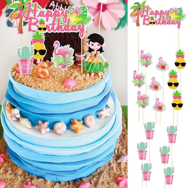 10/12pcs Tropical Hawaii Party Green Leaf Bolo Topper Flor Flamingo Cupcake Topper para Summer Jungle Birthday Party Cake Decor
