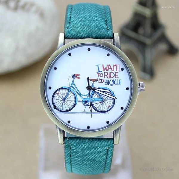 Relógios de pulso Moda Bicycle Women Assista Jean Fabric Leather Strap Dress Ladies Casual Quartz Watches Relogio feminino