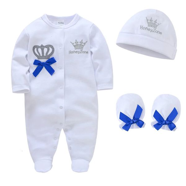 Рожденные мальчики для мальчиков Румпер Королевский наследный принц 100% хлопчатобумажную одежду с шапками перчатки младенца nepeceeces ноги для сна 240408