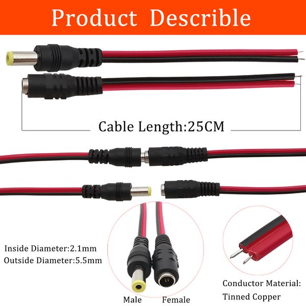 2/4/5pair 5.5X 2,1 mm DC Power Männchen weiblicher Stecker Pigtail -Kabel 12V 1A DC Drahtstecker CCTV -Überwachungs -Ladeadapter