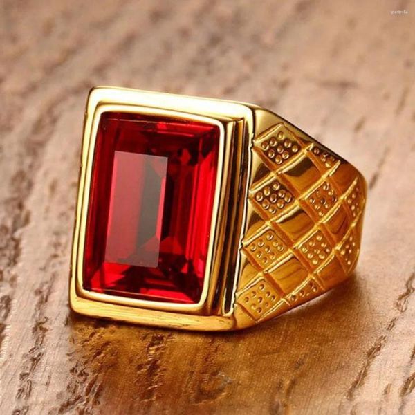 Con pietre laterali in acciaio inossidabile in acciaio inossidabile geometrico rosso rino rosso anello solitario anello per uomo coinvolgimento della fede nuziale anillos bague homme moda