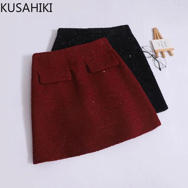 Saias Kusahiki Tweed Salia curta de seda brilhante para as nádegas de lã da primavera feminina High cintura versátil picante garota y2k mini mujer