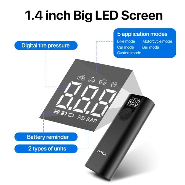 Cicplus A8 Bomba de bicicleta elétrica Smart Air Inflation Mini compressor de ar portátil 2600mAh Bomba de porta Tipo-C tipo-C para carro