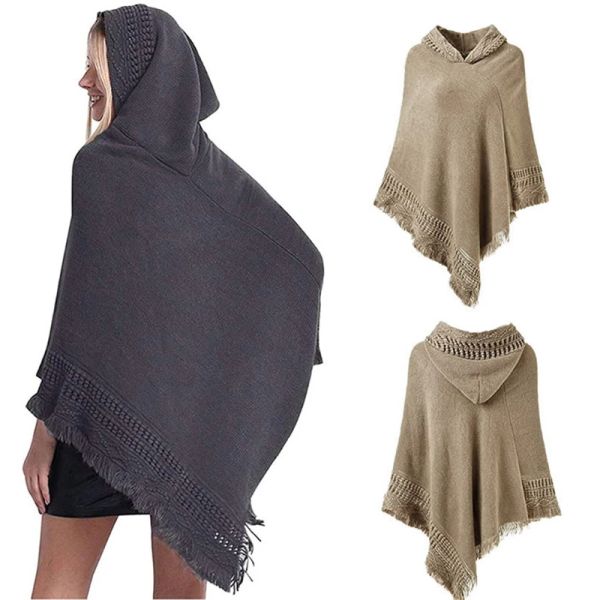 Mulheres de inverno malha com capuz Poncho Cape Solid Color Crochet Fingled Tassel Shawl embrulhando suéter de capa de pulôver de grandes dimensões