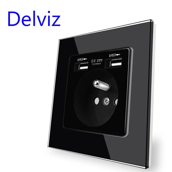 Delviz France Standard Outlet, painel de vidro endurecido, 5V 2100mA interface de carregamento de segurança USB dupla, soquete USB de energia da parede 16A