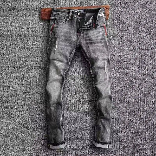 Jeans masculinos Moda Vintage Men de alta qualidade Retro Black Stretch Slim Fit Ripped Borderyer Designer Denim Pants Hombre