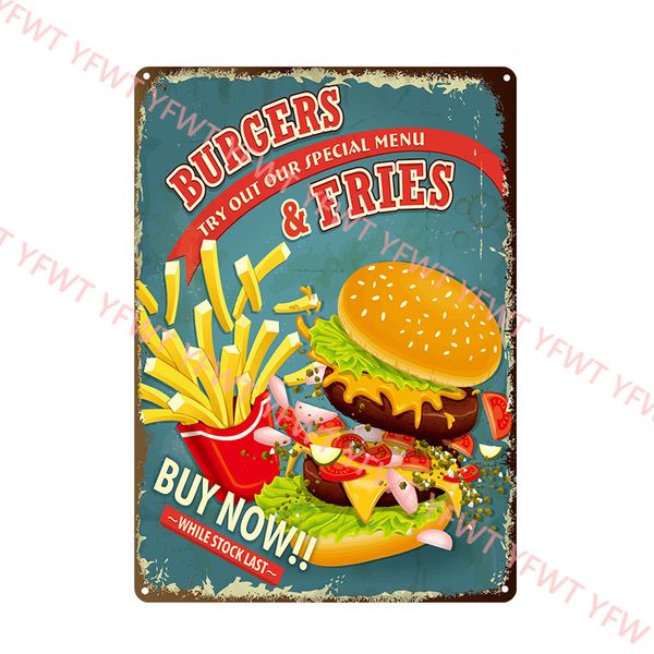 Hamburger fast food plaket metal vintage hamburger teneke tabela restoran duvar dekor mutfak kafe lokan barı burger metal işaretleri