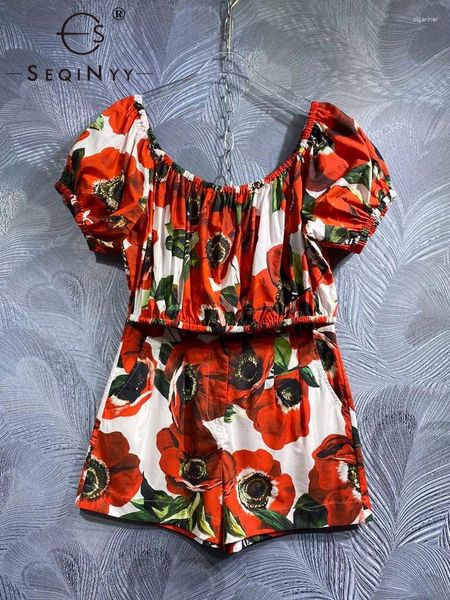 Studi per tracce femminili sequestri di cotone sequestro Summer Spring Fashion Design Women Runway Crop Top Shorts Shorts Vintage Red Flower Print