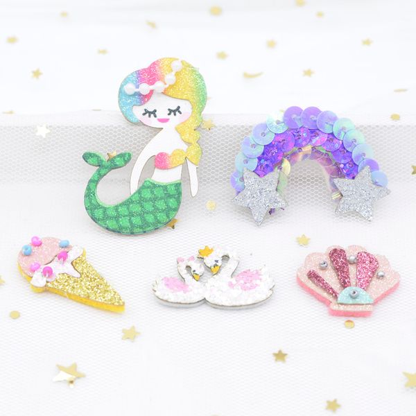 10pcs glitter patch imbottiti Ice Cream Swan Seaeshell Rainbow Mermaid Appliques per clip per capelli fai -da -te Accessori per adesivi a prua H63