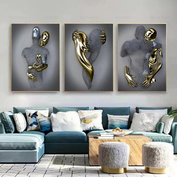 Love Heart Heart Metallic Wall Art Canvas pintando efeito 3D, abraçando casais e impressões beijando arte para a decoração da casa da sala