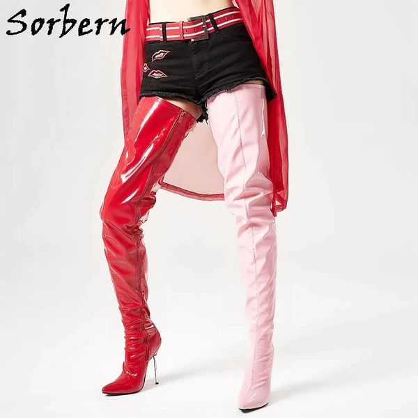 Sorbern Custom Crotch -Oberschenkel hohe Stiefel Metall Heeled Pointed Toe High Heels Stiletto Stechy Stiefel Unisex Fetisch Frauen Zip Booty