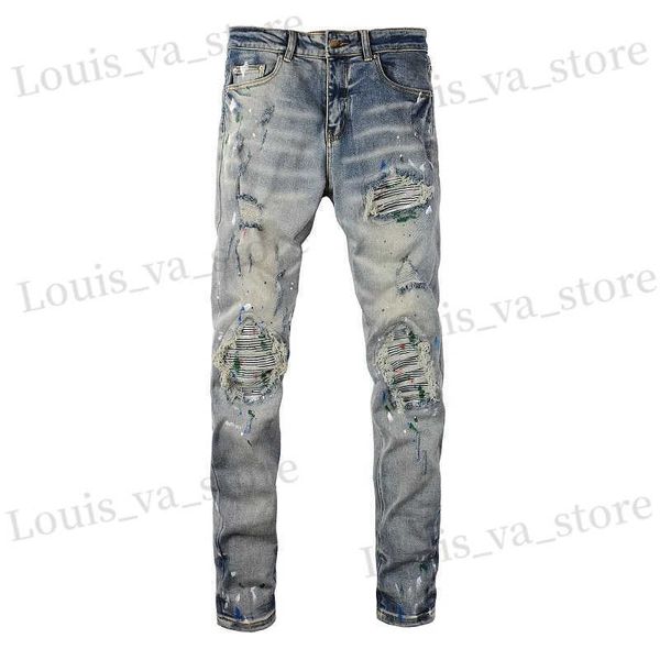 Jeans maschi maschi dipinti dipinti jeans bernello elastico strtwear fori patchwork rotti di pantaloni stranieri