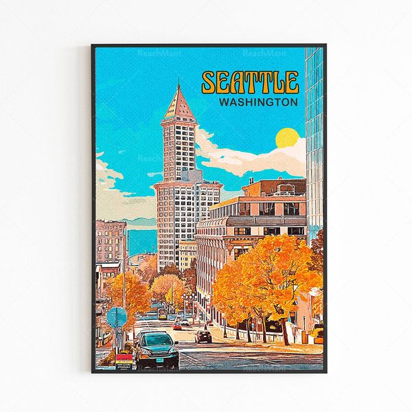 Seattle Space agulha Retro Travel Poster Galeria de arte de parede, Skyline para impressão dos EUA, imagem estética da galeria de arte de parede de estilo retrô
