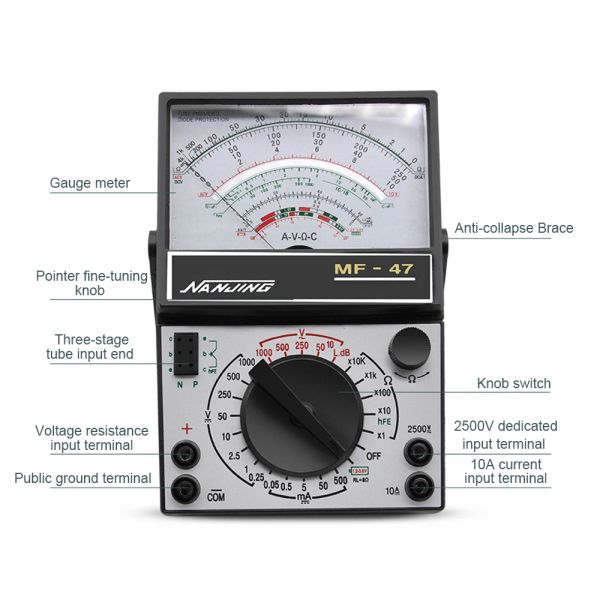 MF47 Puntatore Multimetro DC/CA Corretta CA Tensione di resistenza del tester Condizionamento Analog Display Analog Meteme di punta 2500 V con cicalino