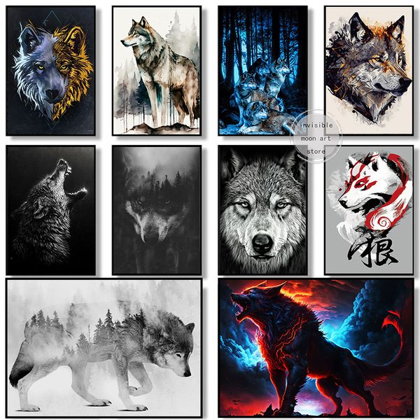 Lobos de aquarela na floresta Lobo Mountain Lobo Animal Poster Poster Pintura Impressão de parede Imagem para decoração de casa Decoração