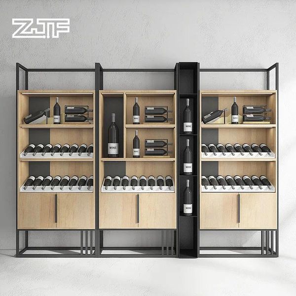 Placas decorativas Rack de exibição de vinho de uva com luzes armazenam produtos prateleira de vinícolas de gabinete de madeira