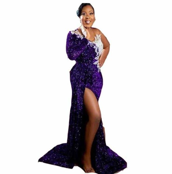 2022 Sexy Africano Purple Liginas Prom Vestidos de baile de coleta ilusão de pescoço de laca de renda de renda de renda de renda lateral de sereia dividida