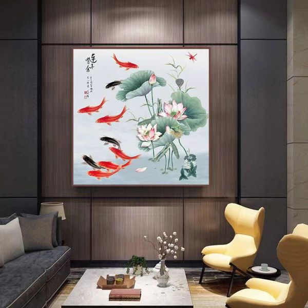 Neue chinesische Stil Lotus/Lotus Leaf/Koi -Plakate und Drucke Blumen Leinwand Malkunst Bildbild für Wohnzimmer Wohnkultur