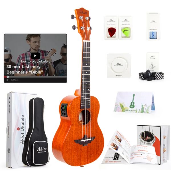 Hanger Aklot Electric ukulele mogno sólido com vídeo online ukelele soprano concerto tenor uke 4 string guitar with strap string sintonizador