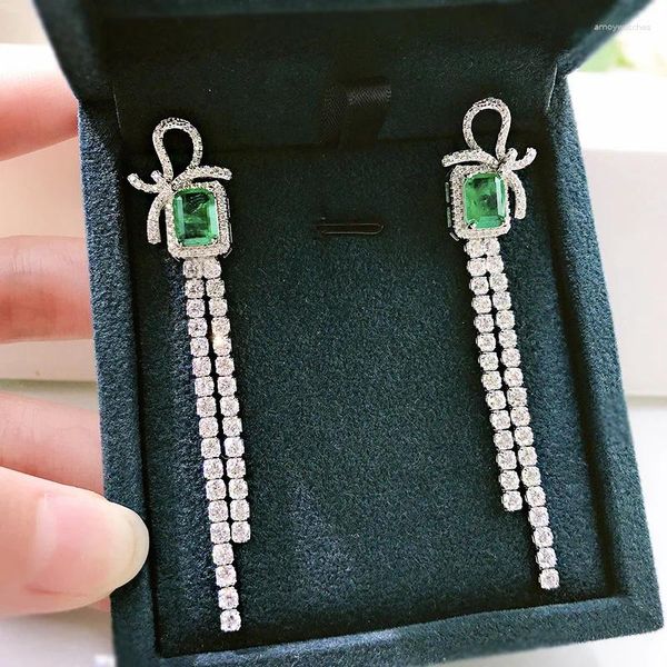 Brincos Dangle 925 Sterling Silver Emerald Bowknot Tassel Tassel Fine Jewelry Party Birthday Gift Wholesale