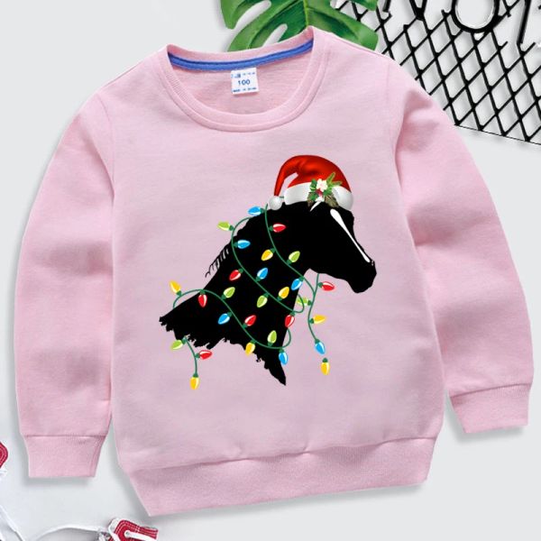 Glühbirne Schwarze Pferddruck Kinderhuberkleidung Kleidung Langarm Sweatshirts Kleidung Jungen Mädchen Weihnachtsdruckkostüme