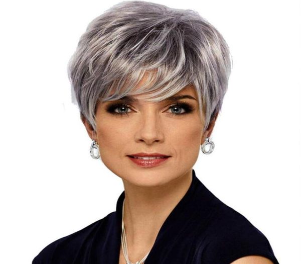 Short Bob sintetico parrucca grigio colore perruques de Cheveux Humains simulazione Human Remy Hair Parrucche per le donne Wig3328262146