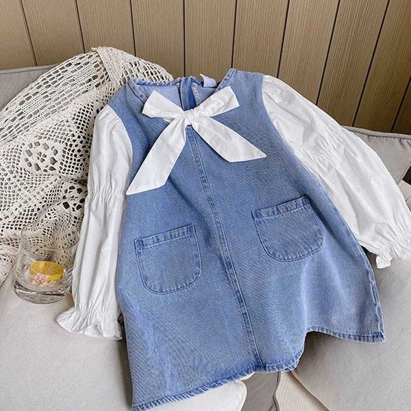 Vestidos de menina Primavera Autumn Girls Dress Fashion Pocket Stitching Roupfits Buff Sleeve Princess Dresses Baby Kids Childrens Clothing for Girl