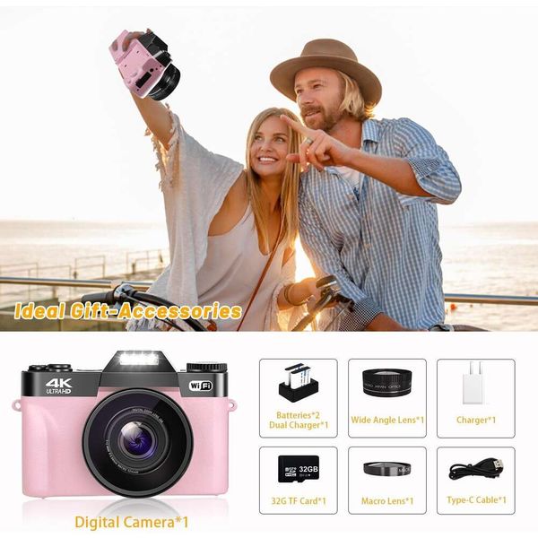 2024 Aggiornamento 4K 56 MP Digital Camera per fotografia Uikicon Vlogging Camera con schermata a fogli mobili a 180 ° WiFi16x Digital Zoom 52mm Lens 2 Batterie 32 GB TF Scheda (XJ-Pink1)