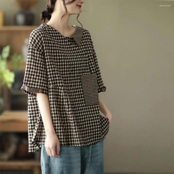 Frauenblusen Frauen Sommer T-Shirt V-Ausschnitt Revers Short Sleeve T-Shirt Plaid Print Lose Fit Pullover Tops mit Taschenstraße