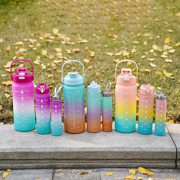 Wasserflaschen 3PCS Sportflasche mit Zeitmarker Frosted Gradienten Plastik, die große Kapazitätstassen Strohbecher trinken