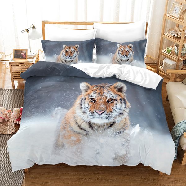 3d Tiger Duvet Capa Conjunto de animais selvagens Conjuntos de cama Tiger Jungle Pattern Padrão de quadro macio Tampa de colcha 2/3pcs rei queen size