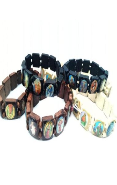 Pulseira de miçanga de madeira Jesus Maria Santos Santos Charme Bracelets Christian Jewelry Gift Rosário Religioso Elastic Bracel3625436