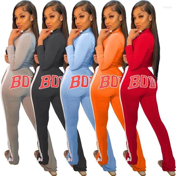 Zweiteilige Hosen Body Lod Print Casual Set für Frauen Langschläfe Reißverschlusstasche und Legging Fitness -Outfit Modetur