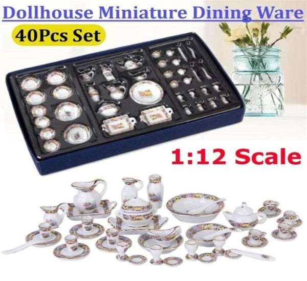 40pcs Dollouse Miniature Dining Ware Porcelain Tea Conjunto de prato Copo da tigela Móveis Toy Toy Gream