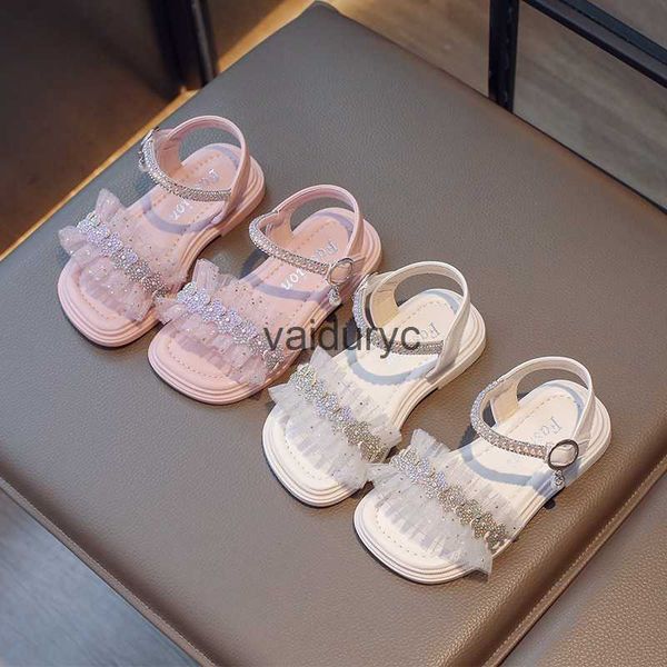 Sandalen Girls Lace Edge Prinzessin Schuhe Sandalen Trend 2023 Sommer Neues Produkt Little Girl Square Mund Open Toe Beach Casual H240411