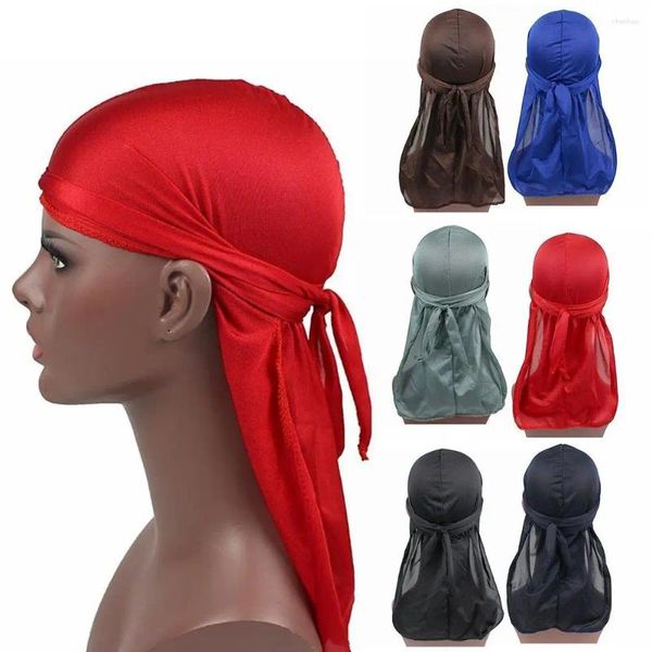 Berets Unisex Männer Frauen Satin atmungsaktiven seidigen Durag Langer Schwanz Doo Rag Pirat Hut Stirnband Turban Bandana Kopfbedeckung