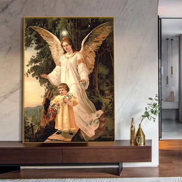 Anjo da Guardião Vintage com Crianças Printuras de Pintura e Pôsters Imagem de Arte da parede para casa Decoração de quarto de crianças Cuadros