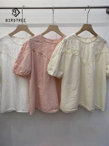 Blusas femininas de algodão da primavera camisa bordada mulher o pescoço puff slows tops versáteis menina redução de idade blusa doce 2024 outono t43086qc