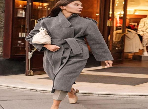 Regno Unito 2020 Spring New Design Women Simple Wool Maxi Long Road Slimt Fit Coat casual con cintura Grey6770203