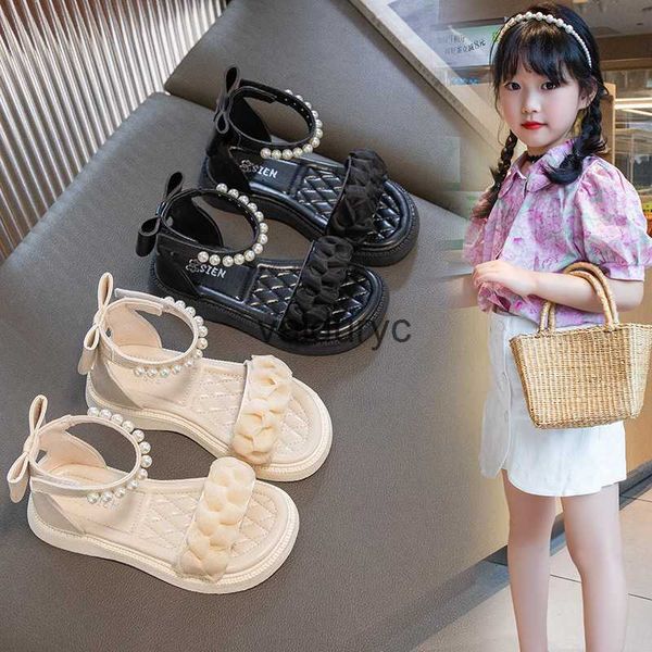 Sandals Girls Korean Edition Bow Princess Shoes 2023 Summer New Little Girl Pearl Flor Roman Trend H240411