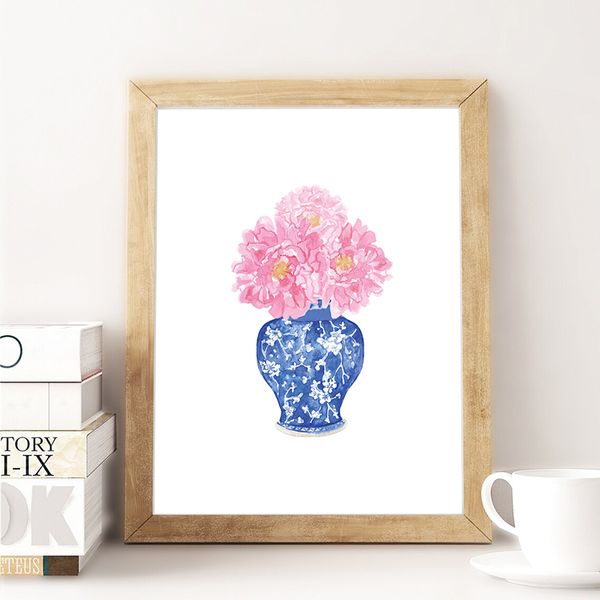 Vaso de aquarela chinoiserie com flores rosa impressão impressão azul e branca porcelana arte de arte de porcelana pintura decoração de parede