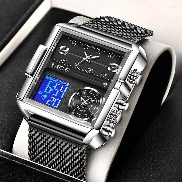 Нарученные часы Lige Fashion Black Steel Man Watch Dual Digital Display Watches Sport Chronograph Водонепроницаемые кварцевые мужчины военные.