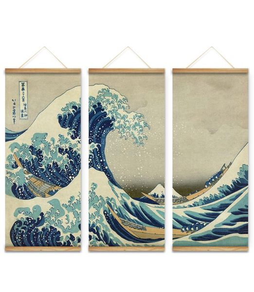 3pcs Japão estilo The Great Wave Off Kanagawa decoração de arte de parede imagens de lona pendurada pinturas de rolagem de madeira para sala de estar 7986055