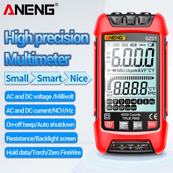 Aneng SZ02 6000 zählt digitales Multimeter DC -Wechselspannungsstrom True RMS NCV Multimeter -Widerstandsfrequenz mit LED -Leuchten