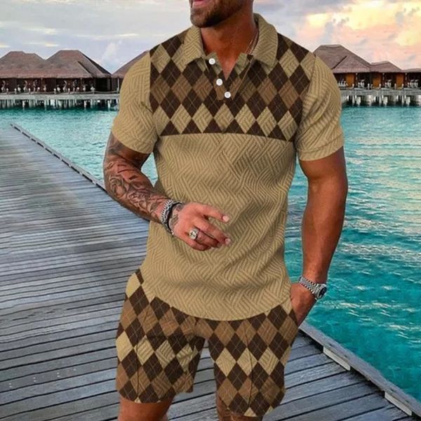 Sommer Herrenanzug Trend 3D Print Vintage Check Polo Shirt Shorts zweiteils Set Soft Fashion Casual Men Clothing Tracksuit 240326